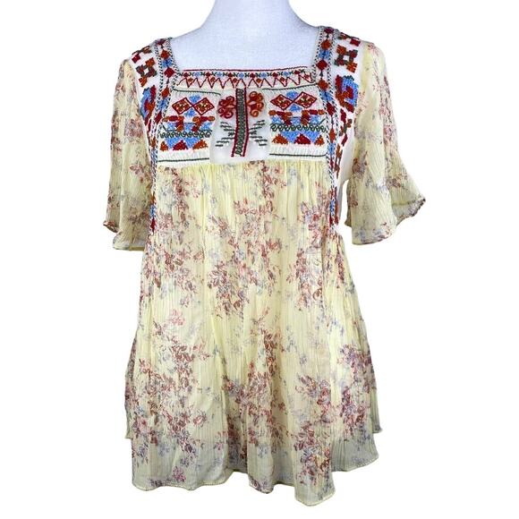 Embroidered Bohemian Floral Blouse Womens M Cream Sheer Flowy Babydoll Bodice - Picture 1 of 9